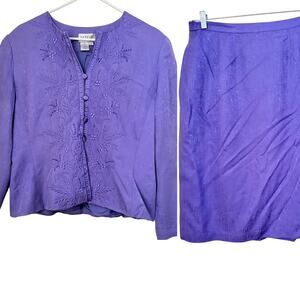 Papell Petites 16P 100% Silk Purple Embroidered Jacket Skirt Set Mother of Bride